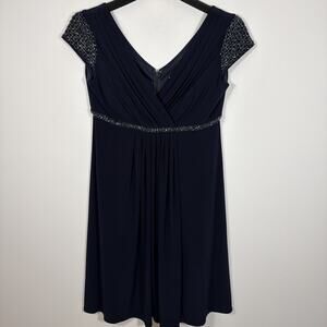 Cachet Beaded Cap Sleeve Navy Midi Dress 8P Petites Wedding Cocktail Party Date